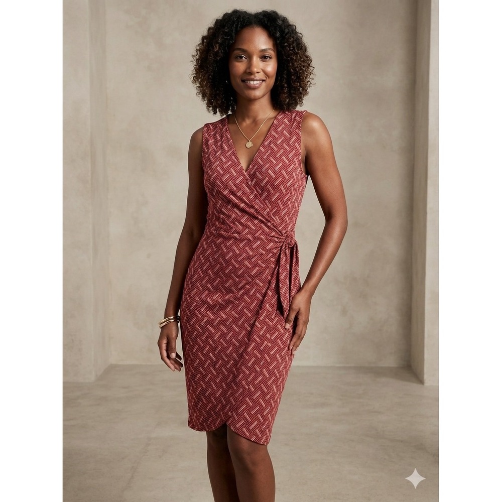Banana Republic Factory Rust-Patterned Sleeveless Wrap Midi Dress